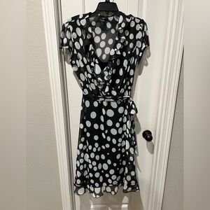 J.B.S. Black and White Wrap Midi Dress V-Neck Flutter Sleeves